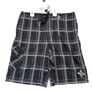 Hurley Black Plaid Men's 32x10 Phantom Board Shorts Surfer Y2K Beach Swim Trunks